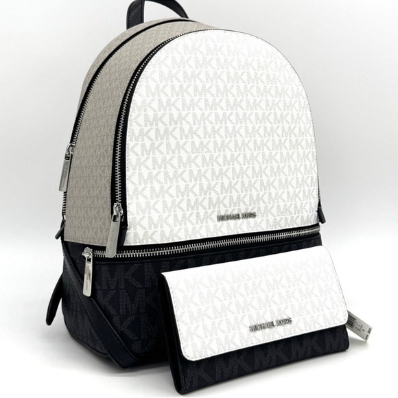 Michael Kors Rhea Medium Zip Backpack & Large Trifold Wallet Optic White Multi - Picture 1 of 13